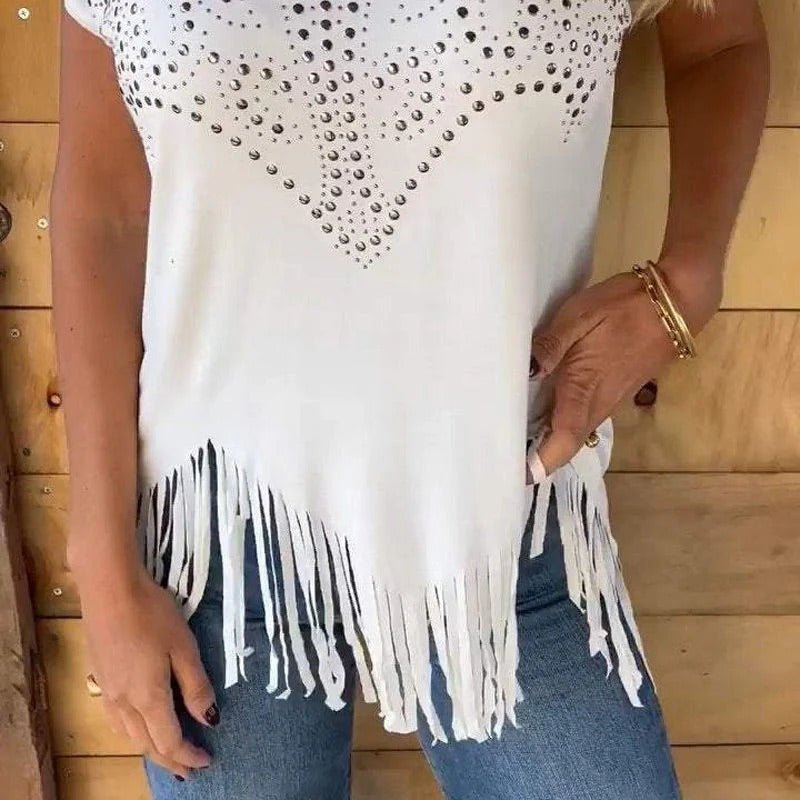 Mara - Camiseta con detalle brillante y flecos