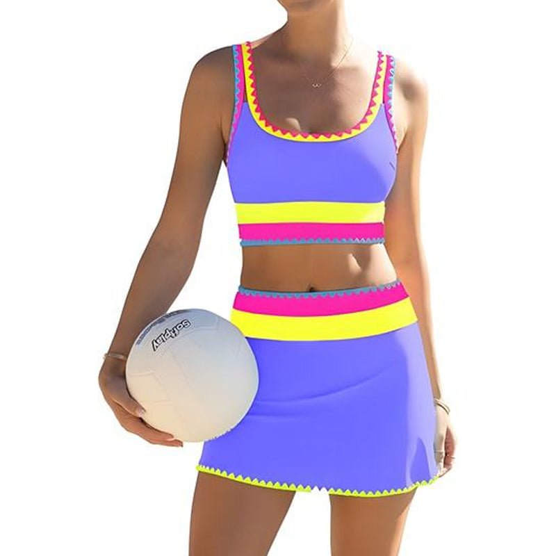 👙🌊 Conjunto de Bikini 3 Piezas – Cintura Alta, Color Block y Diseño en Zigzag para Playa y Vacaciones