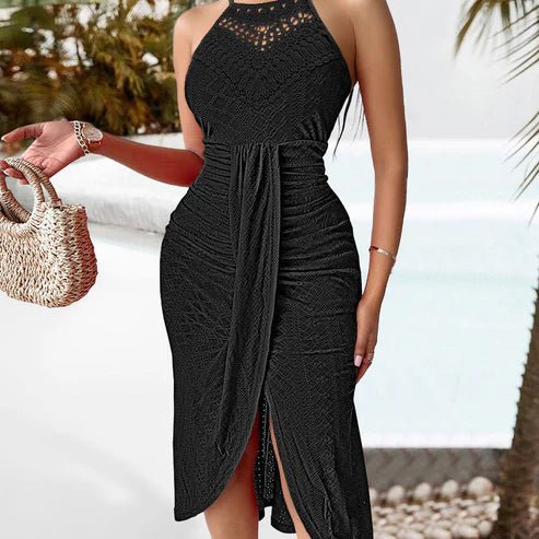 Silvia - Vestido midi halter con encaje y abertura frontal