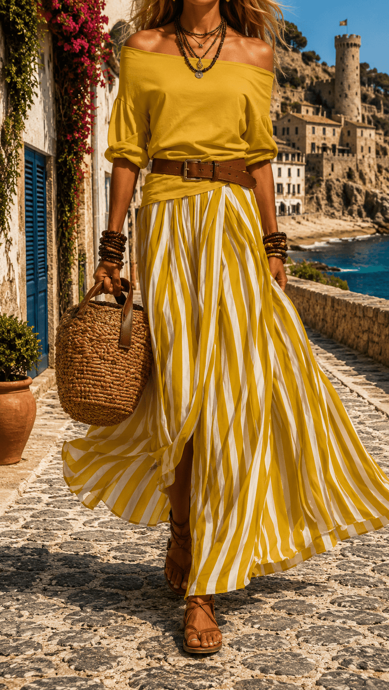 Porquerolles Set | Off-Shoulder Top & Striped Skirt