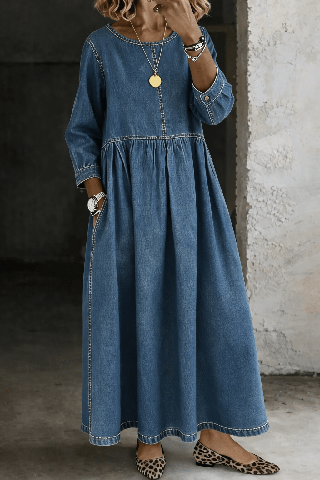 Melisa | Vestido vaquero de cuello redondo y manga larga