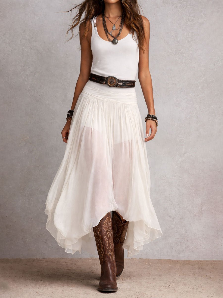 Vestido maxi negro elástico estilo boho western con falda transparente