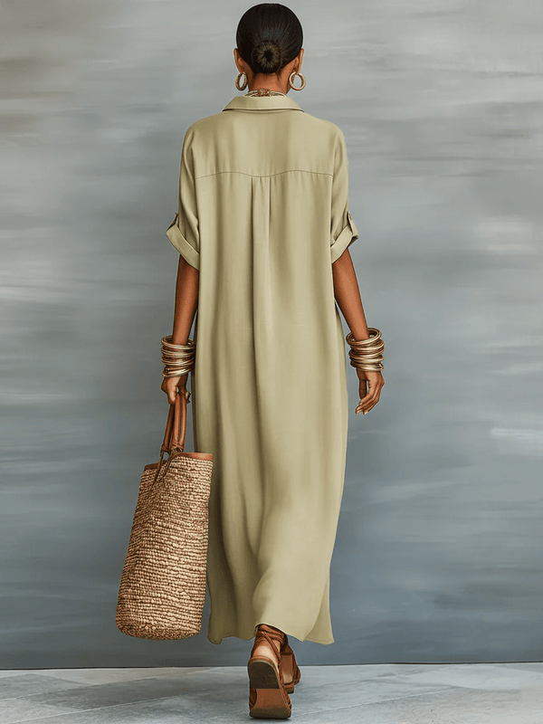Manelle | Olive Green Maxi Dress with Minimalist Lines
