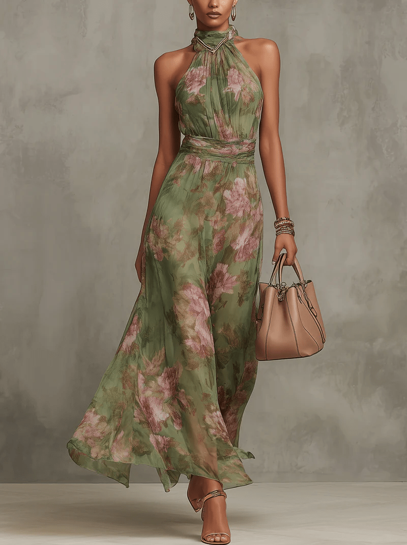 Serena ∙ Vestido largo verde floral de gasa con escote halter