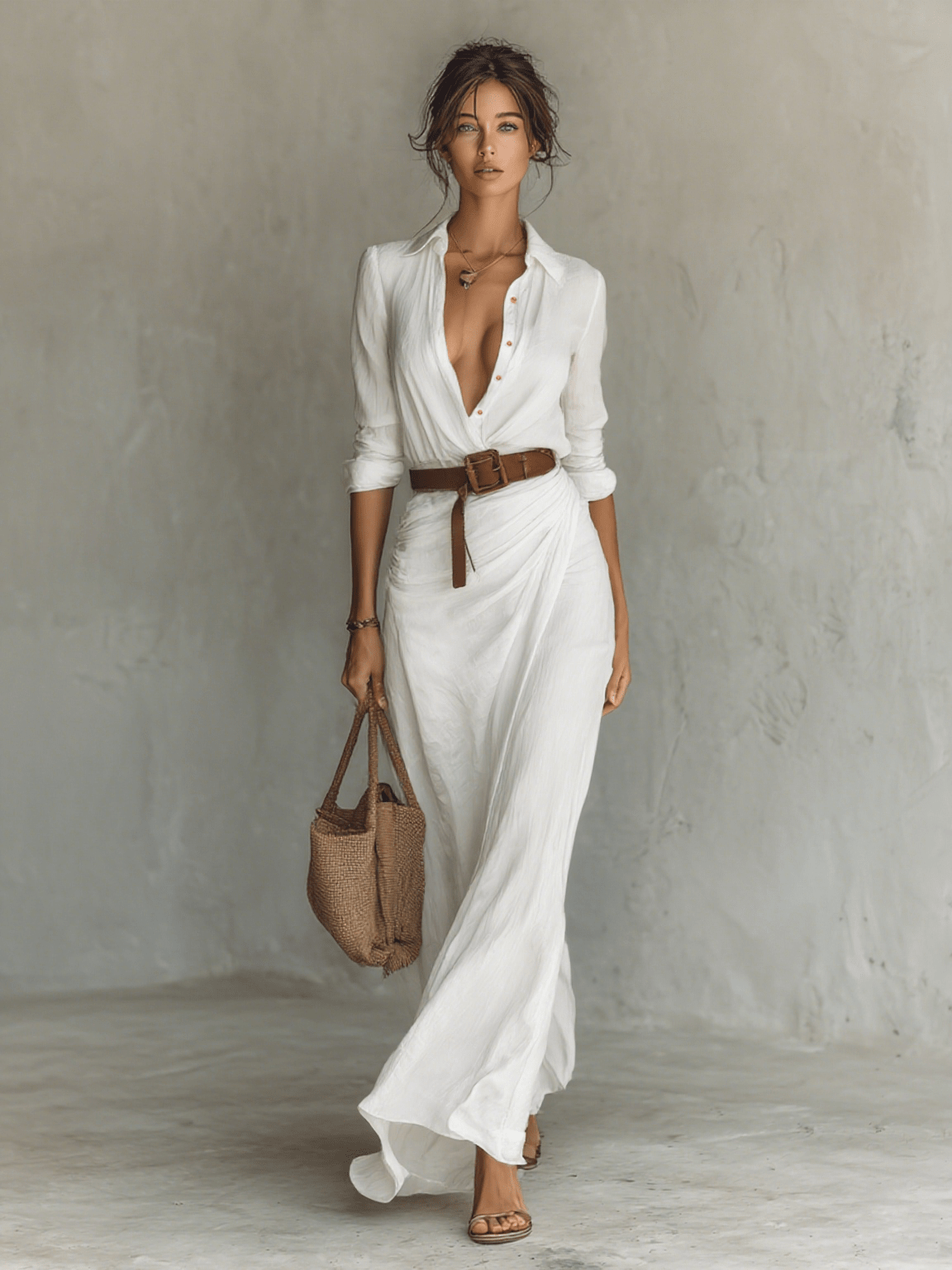 Vestido maxi largo con cuello de solapa y manga larga para mujer