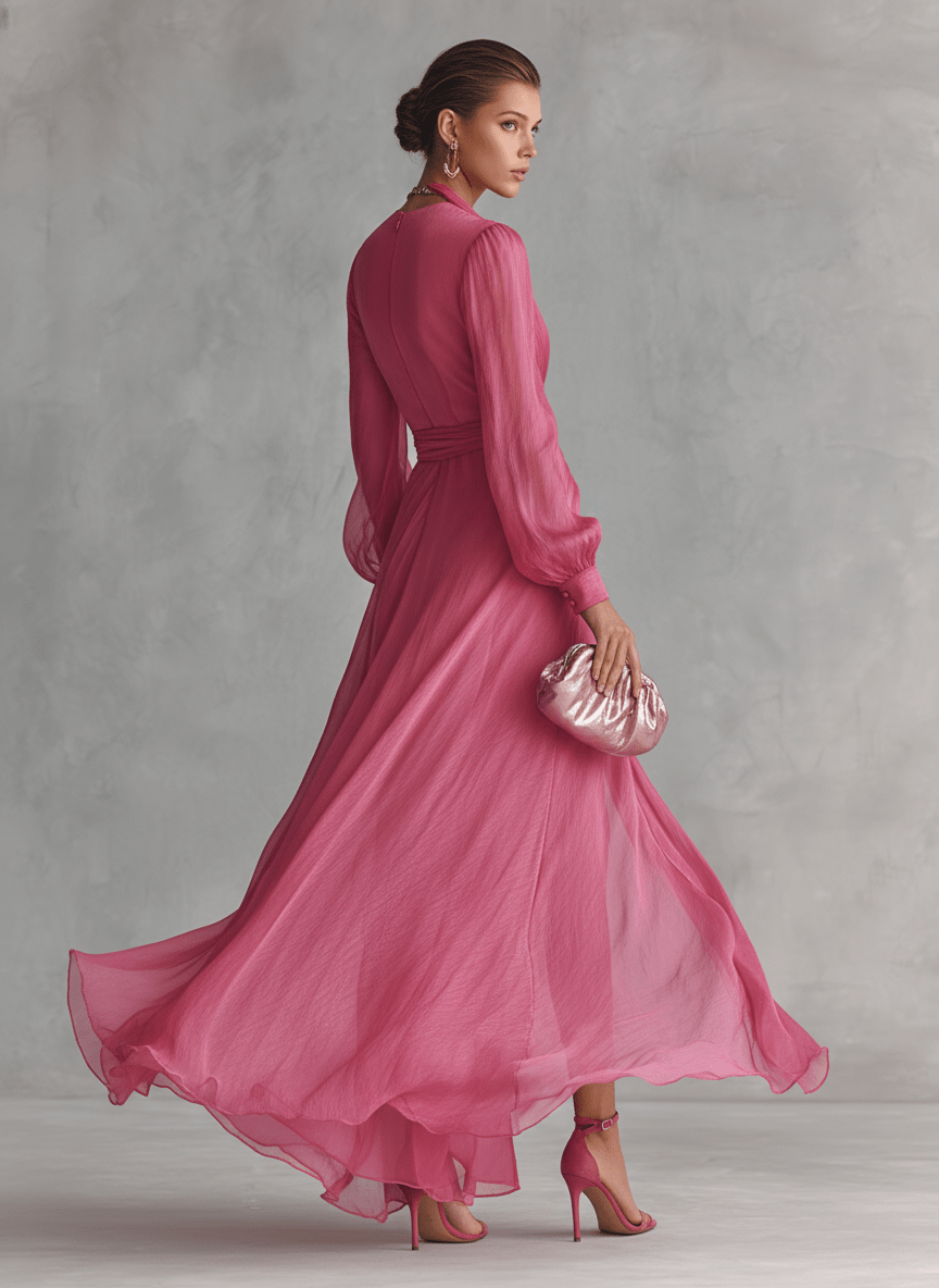 Vestido largo rosa de gasa con escote en V