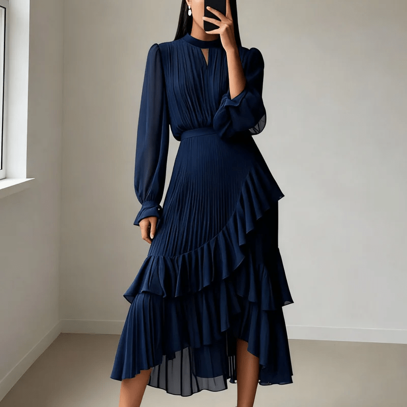 Noelia - Vestido elegante con escote ojo de cerradura y volantes