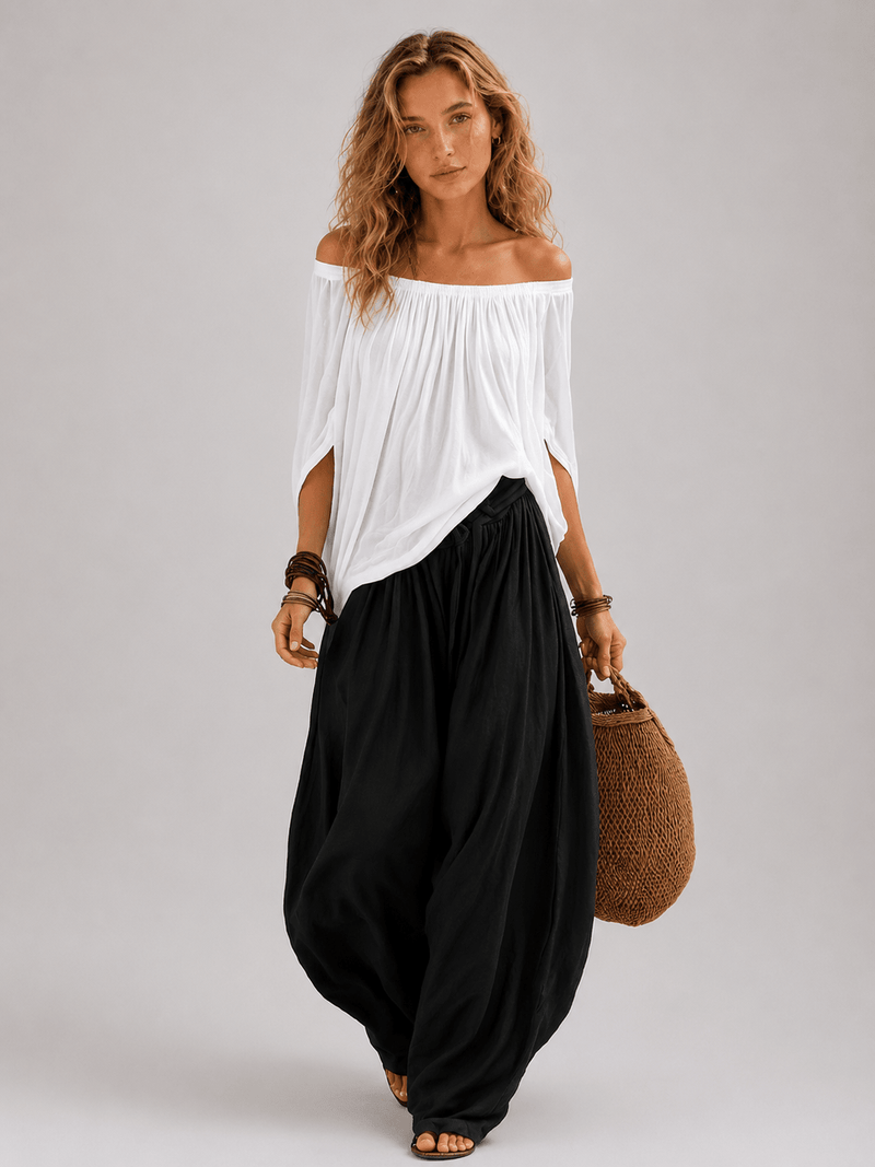 White Off-Shoulder Top & Flared Lantern Trousers Set