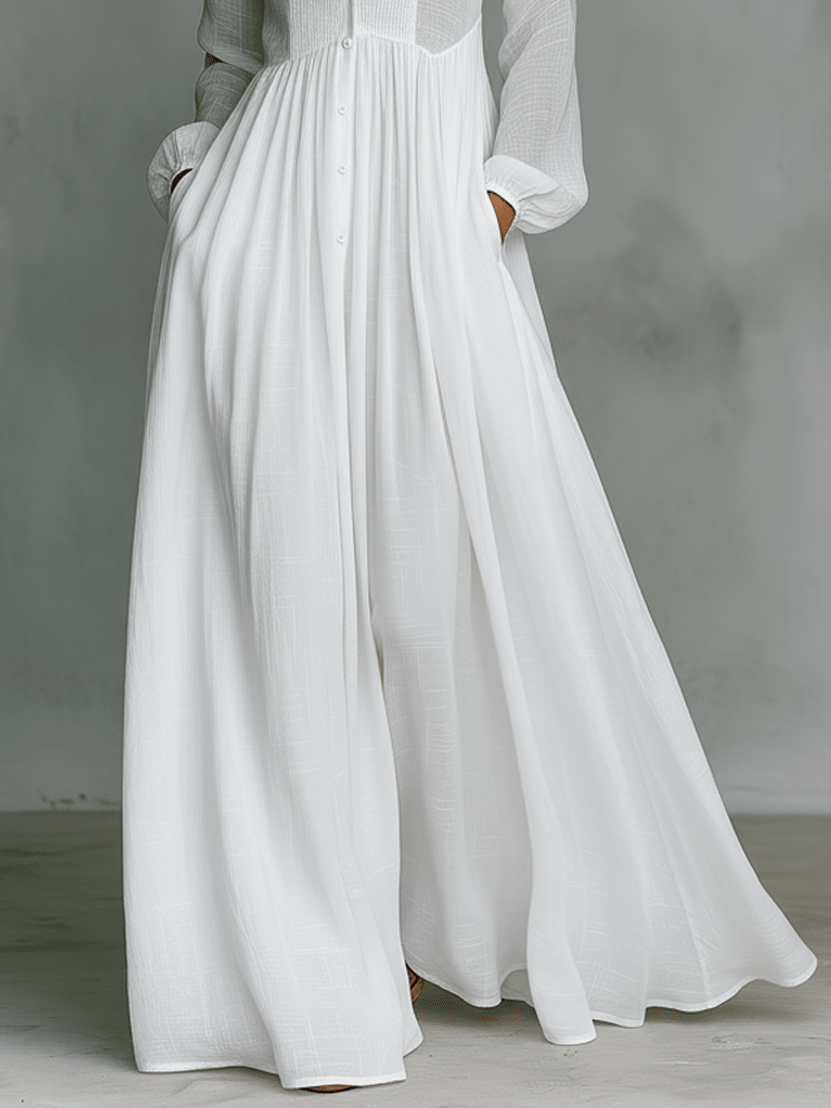 Vestido maxi de lino con patchwork y cuello alto
