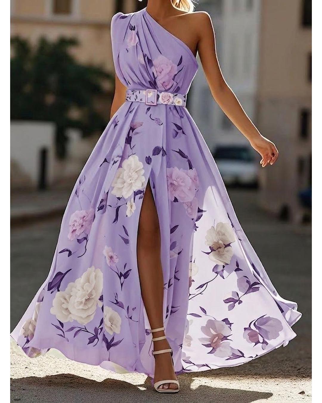 Aurora - Vestido largo floral de un solo hombro - Camila Fashions