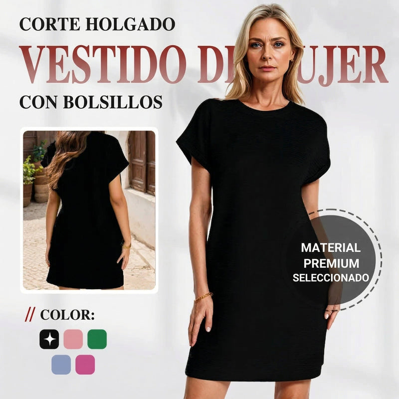 Lidia - Vestido de mujer de corte holgado con bolsillos