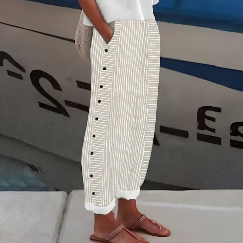 Salma - Pantalón recto de rayas con botones laterales