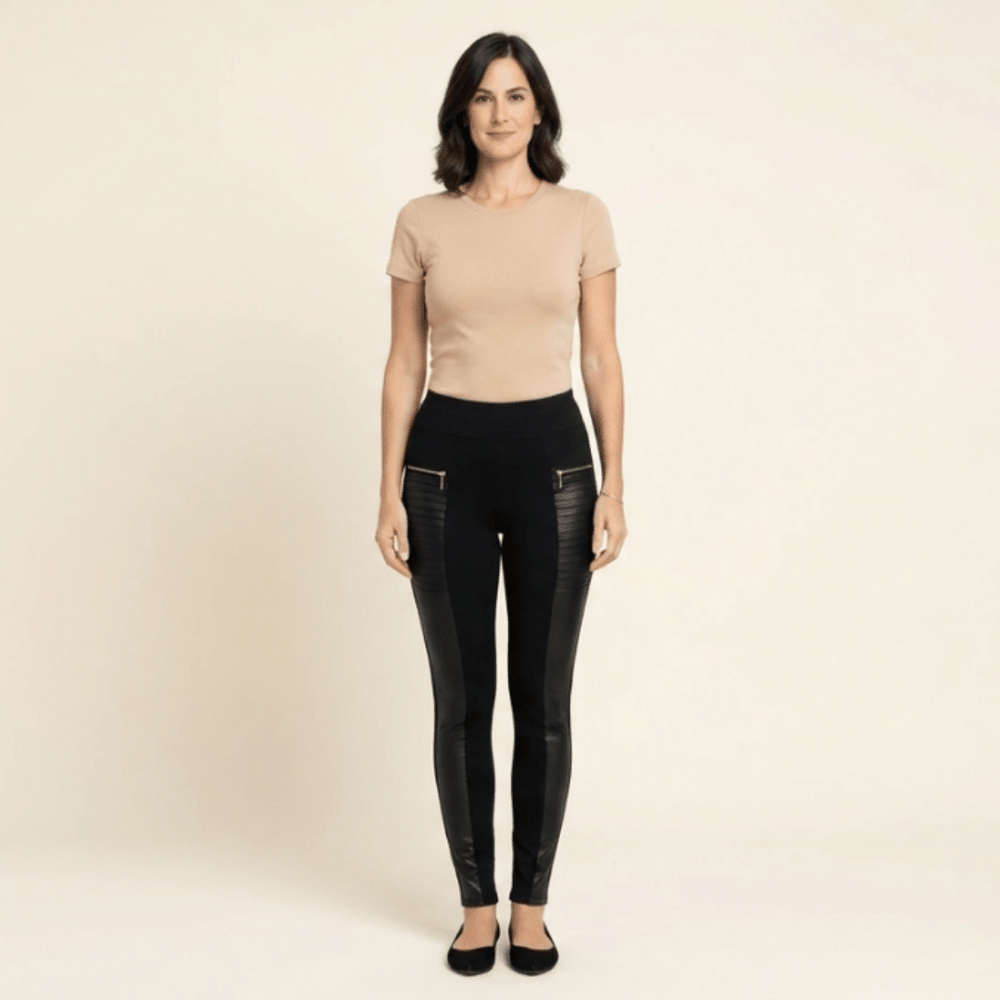 Daniela - Pantalón de cuero sintético con detalles en contraste y cremallera