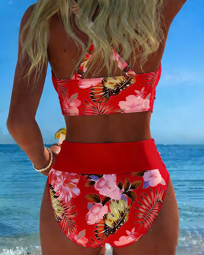 Bikini con estampado floral de contraste y abertura