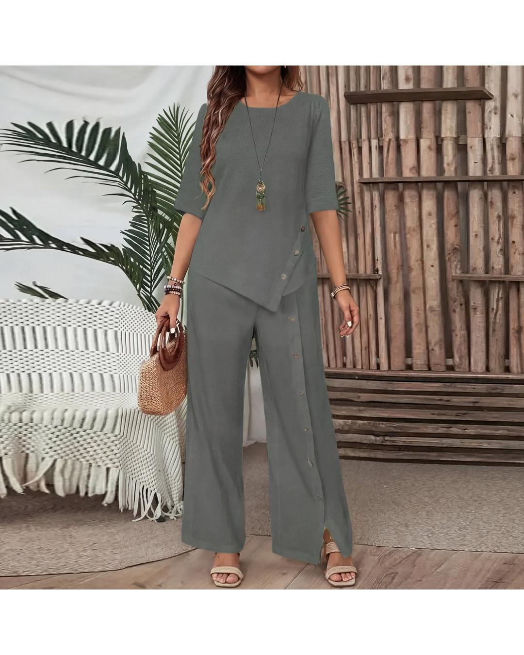 Elena - Conjunto elegante de top asimétrico y pantalón ancho - Camila Fashions