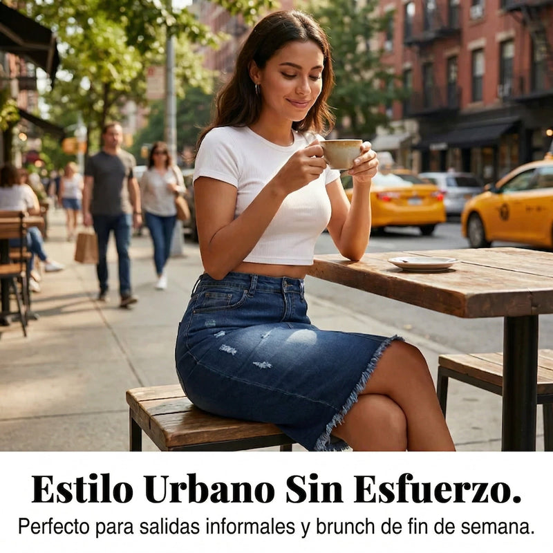 Estela - Falda vaquera de cintura alta con bajo deshilachado