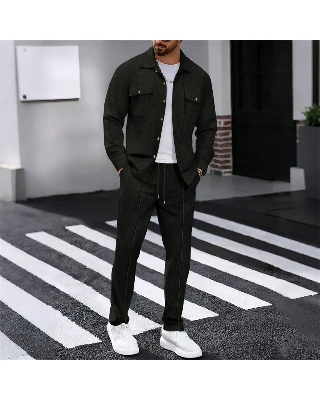 Iván – Conjunto de chaqueta abotonada y pantalón waffle - Camila Fashions