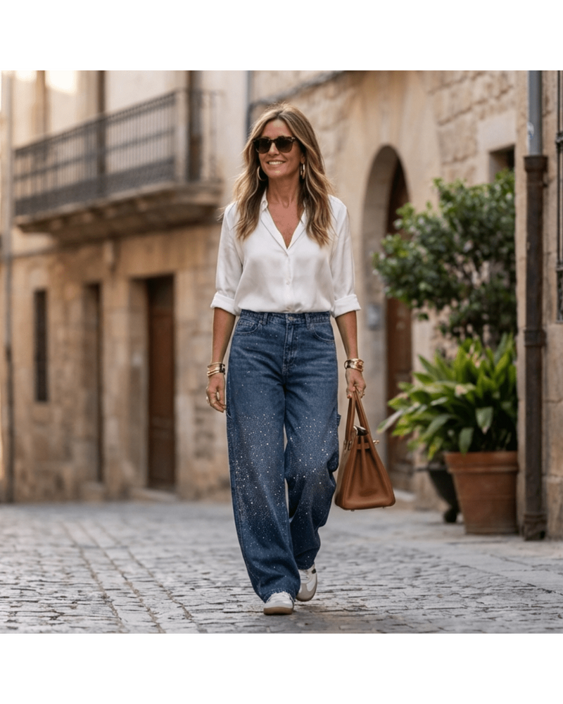 Valeria | Wide-Leg Jeans with Sparkling Details - Camila Fashions