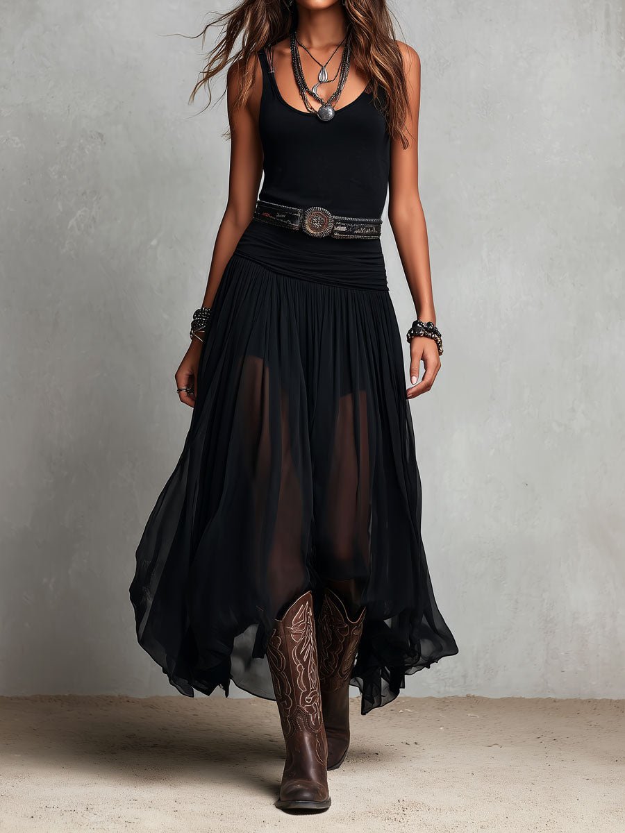 Vestido maxi negro elástico estilo boho western con falda transparente
