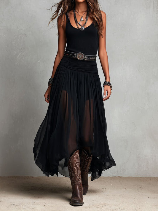 Vestido maxi negro elástico estilo boho western con falda transparente