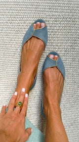 Beige and gold open-toe suede d'Orsay flats