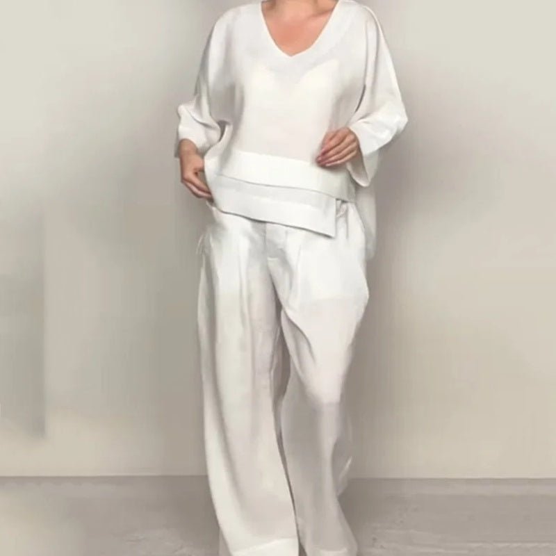 💎 Conjunto 2 Piezas de Algodón y Lino con Bajo Irregular – Top Escote en V + Pantalón Ancho, Transpirable y Elegante sin Esfuerzo 🍂👚