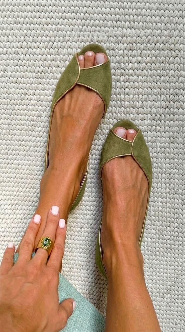 Beige and gold open-toe suede d'Orsay flats