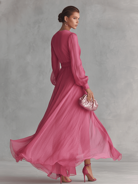 Vestido largo elegante de mujer en chifón rosa perla con escote en V y cinturón en la cintura