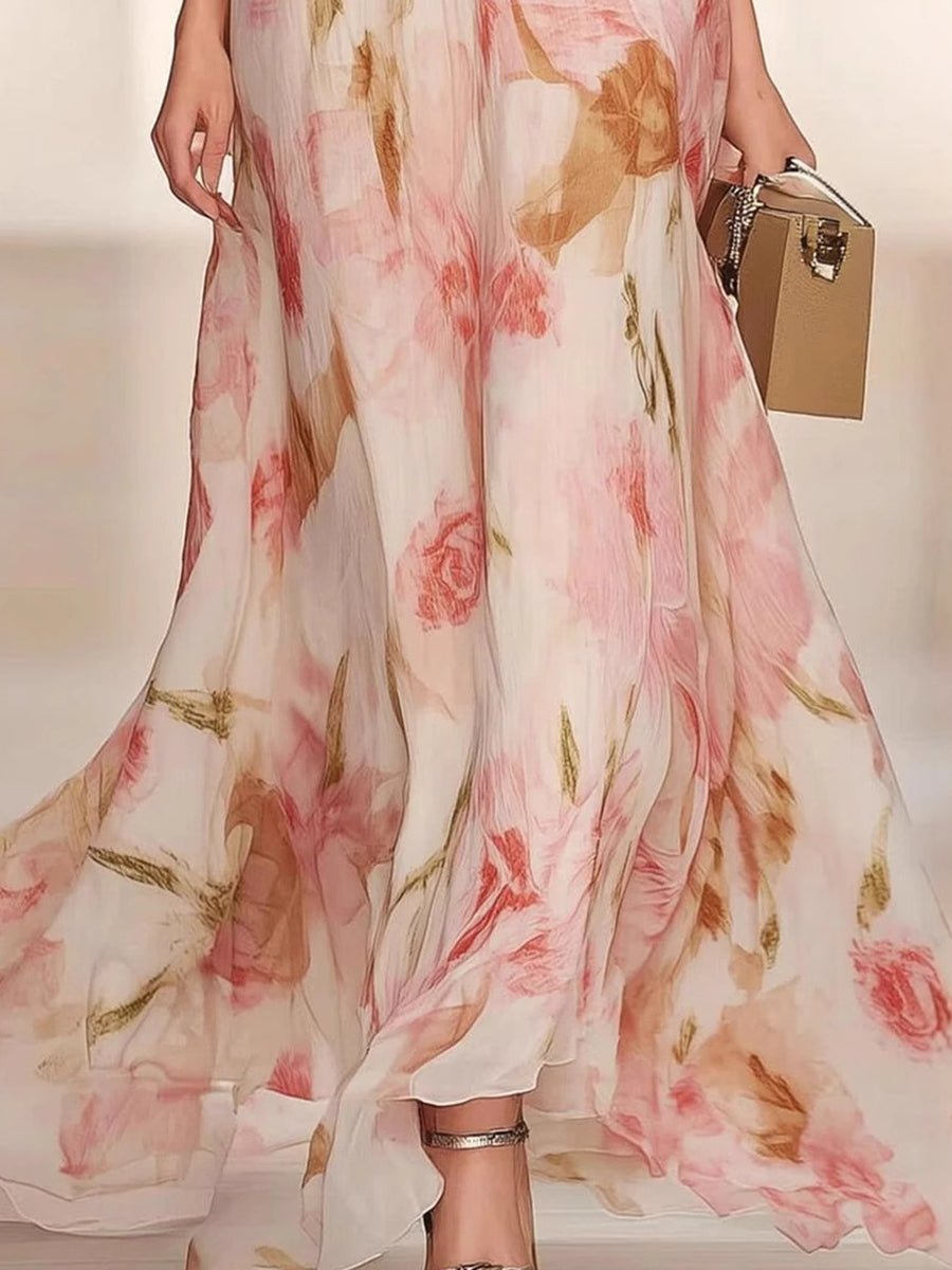 Vestido con escote en V, manga corta, estampado floral y volantes