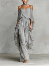 Renata | Grey fluid set with a top featuring thin straps and lightweight trousers