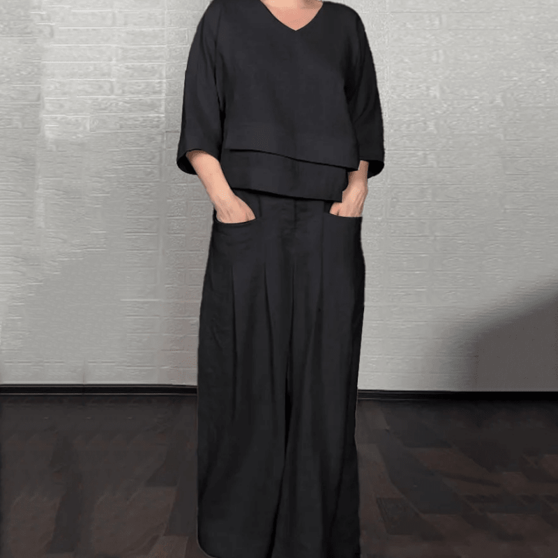 💎 Conjunto 2 Piezas de Algodón y Lino con Bajo Irregular – Top Escote en V + Pantalón Ancho, Transpirable y Elegante sin Esfuerzo 🍂👚
