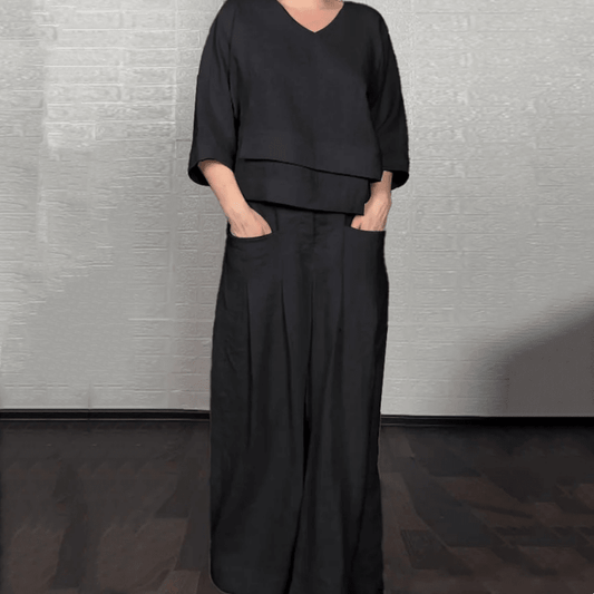 💎 Conjunto 2 Piezas de Algodón y Lino con Bajo Irregular – Top Escote en V + Pantalón Ancho, Transpirable y Elegante sin Esfuerzo 🍂👚