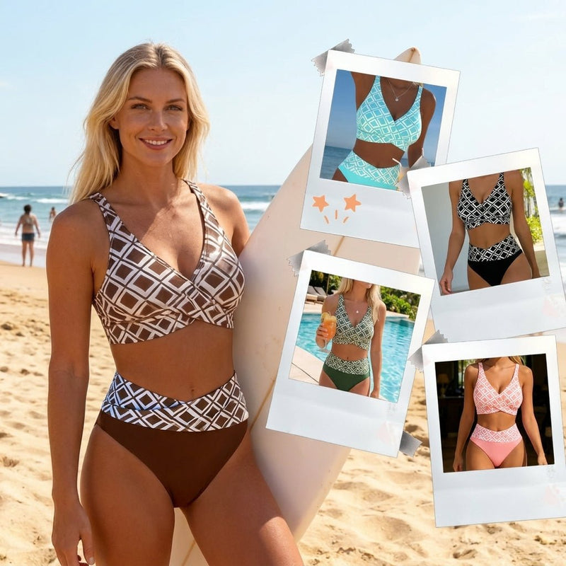 Lía - Bikini de talle alto con estampado geométrico retro