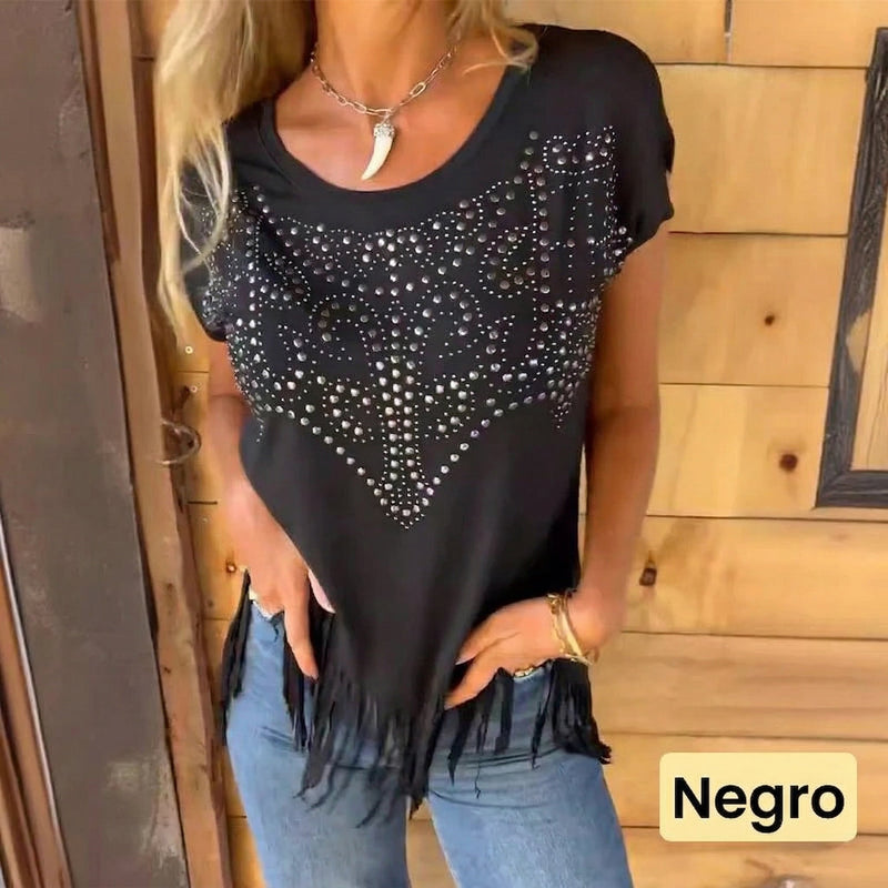Mara - Camiseta con detalle brillante y flecos