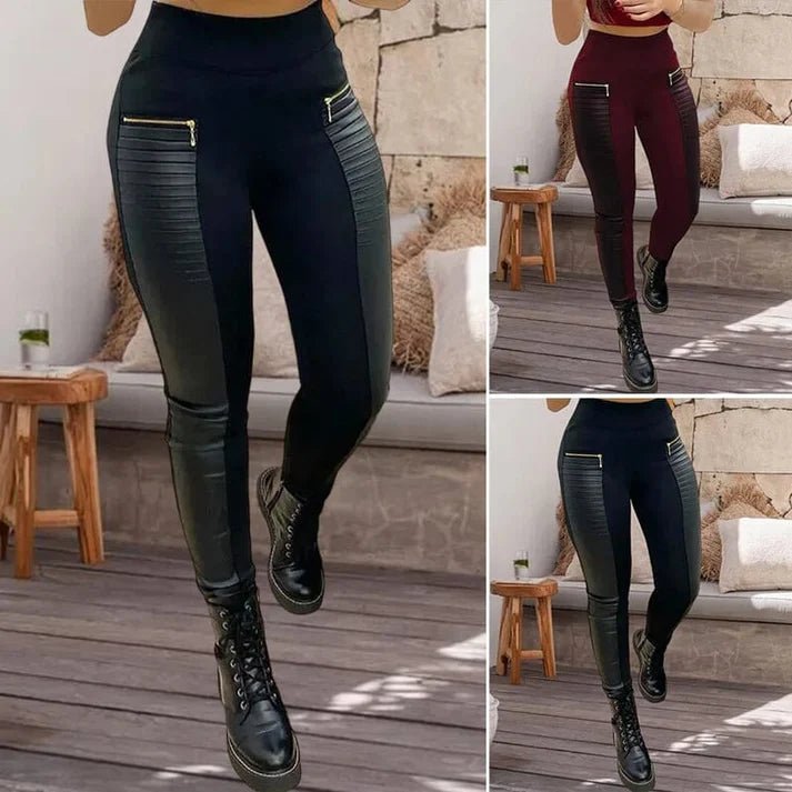 Daniela - Pantalón de cuero sintético con detalles en contraste y cremallera