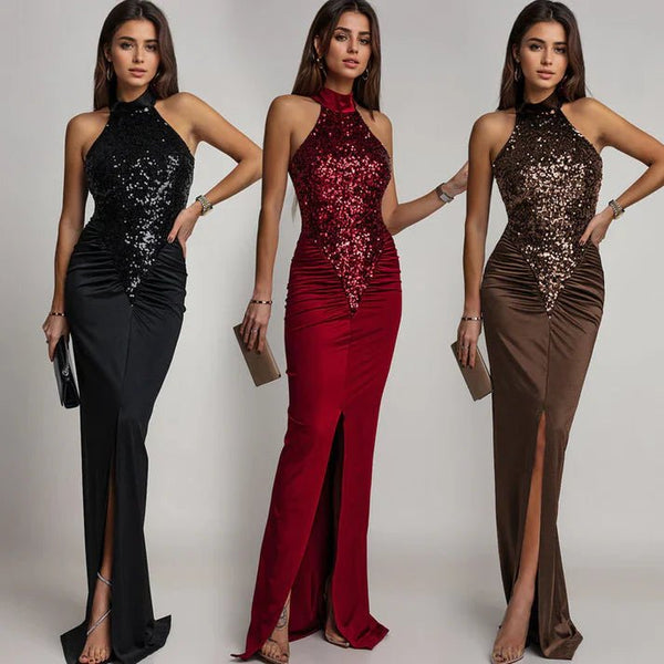 Victoria - Vestido halter con abertura y lentejuelas