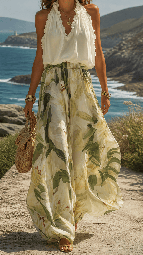 Antibes Set | Ruffled Top & Floral Wide-Leg Trousers