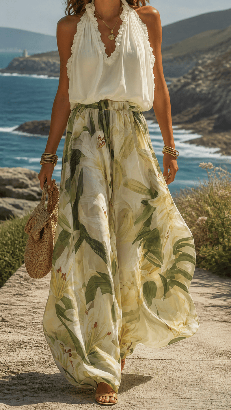 Antibes Set | Ruffled Top & Floral Wide-Leg Trousers