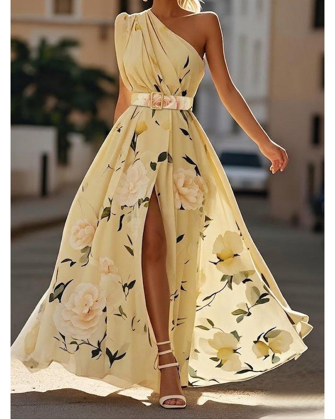 Aurora - Vestido largo floral de un solo hombro - Camila Fashions