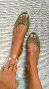 Beige and gold open-toe suede d'Orsay flats