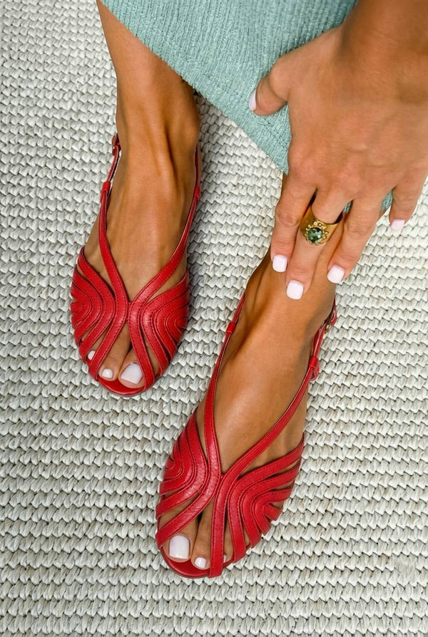 Low red summer peep-toe caged leather sandals with straps