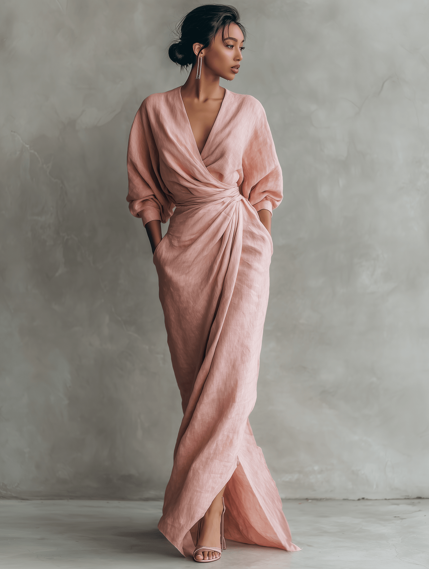 Vestido largo rosa de lino con escote en V