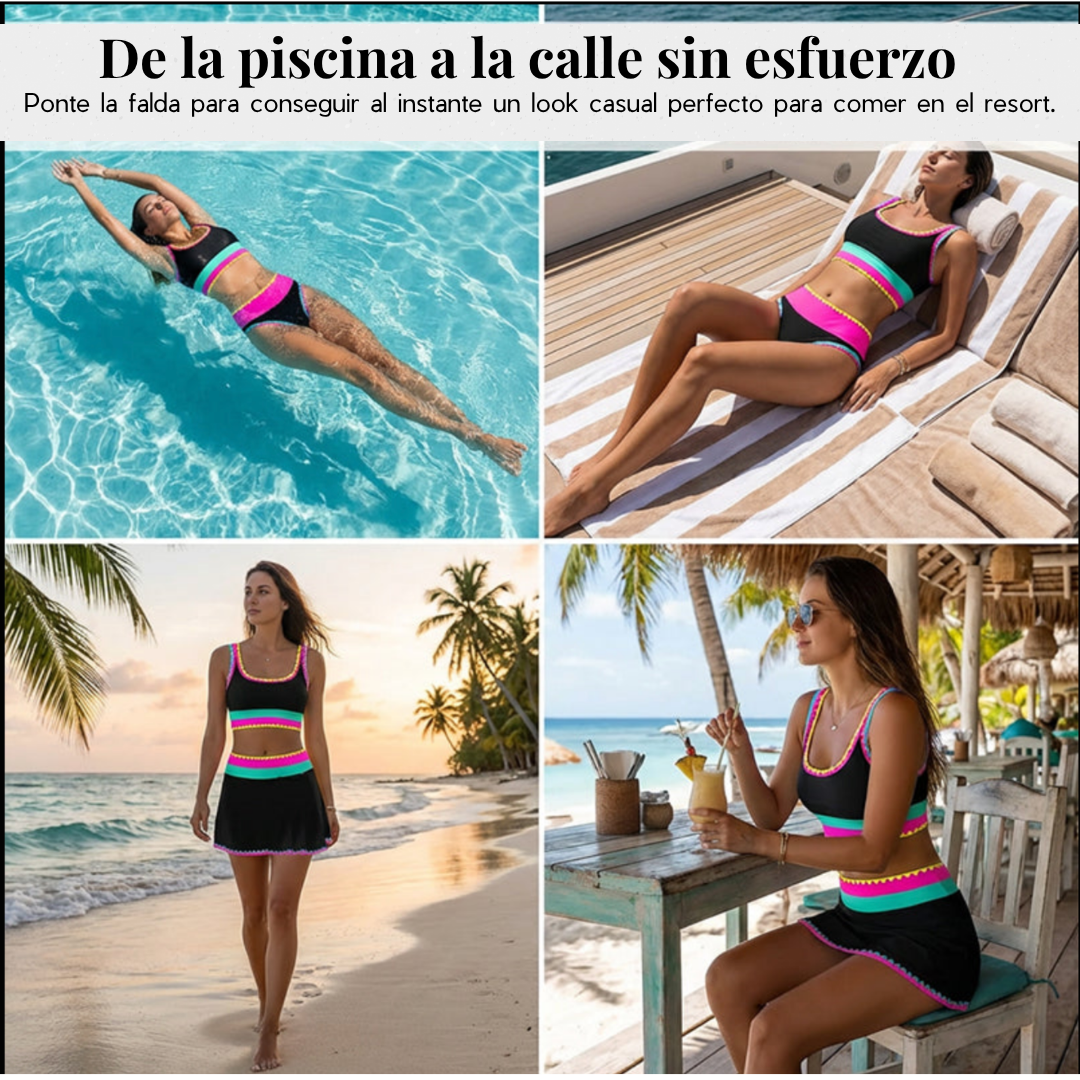 👙🌊 Conjunto de Bikini 3 Piezas – Cintura Alta, Color Block y Diseño en Zigzag para Playa y Vacaciones