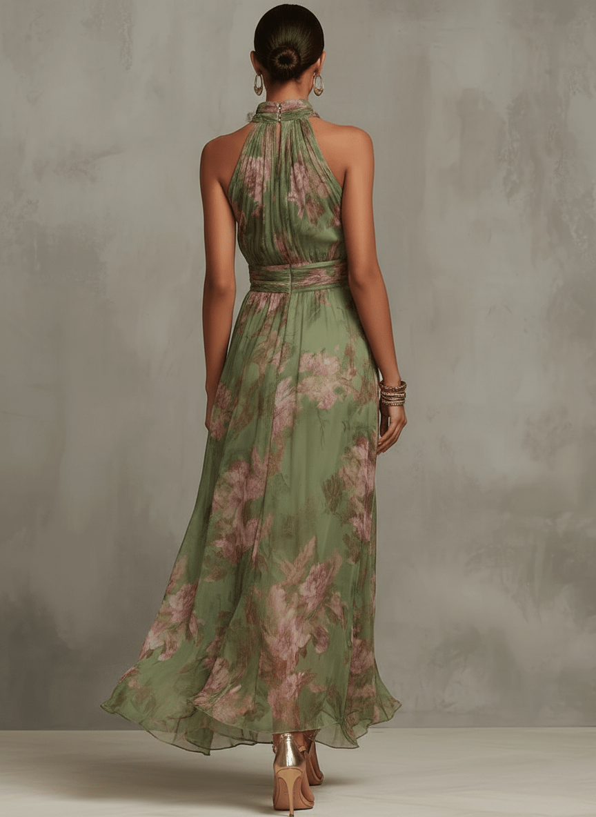 Serena ∙ Vestido largo verde floral de gasa con escote halter