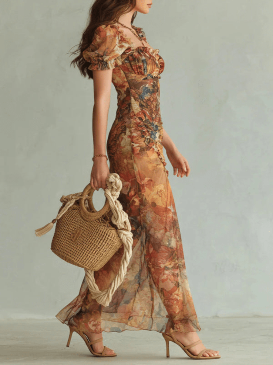 Vestido maxi elegante con escote cuadrado, manga corta y motivos florales