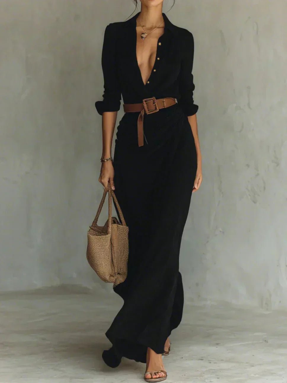 Camille™ | Vestido maxi con cuello y cinturón