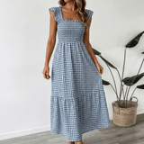 Vera | Vestido maxi de cuadros con escote cuadrado