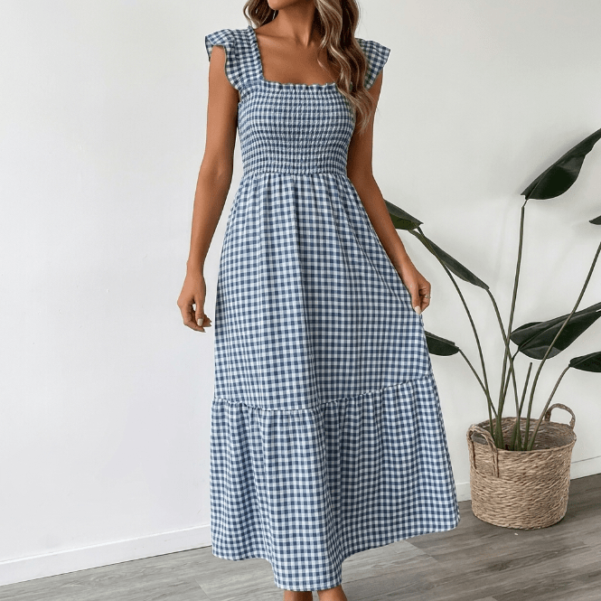 Vera | Vestido maxi de cuadros con escote cuadrado