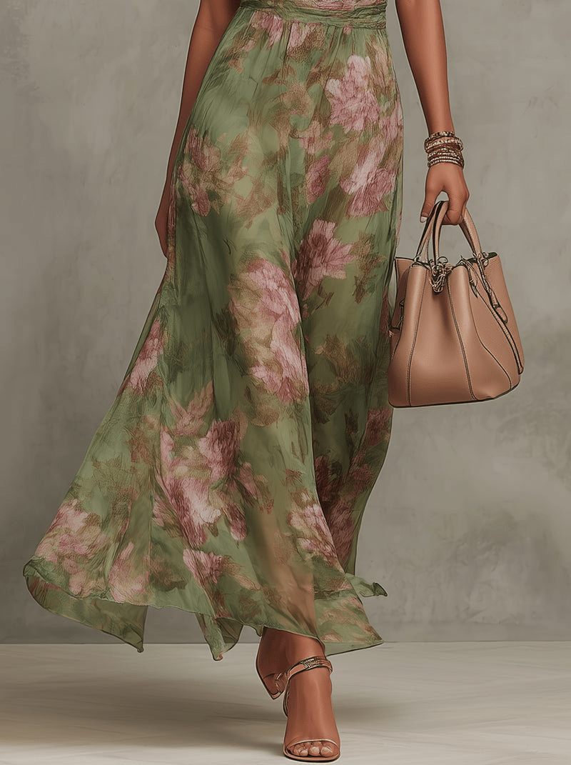 Serena ∙ Vestido largo verde floral de gasa con escote halter