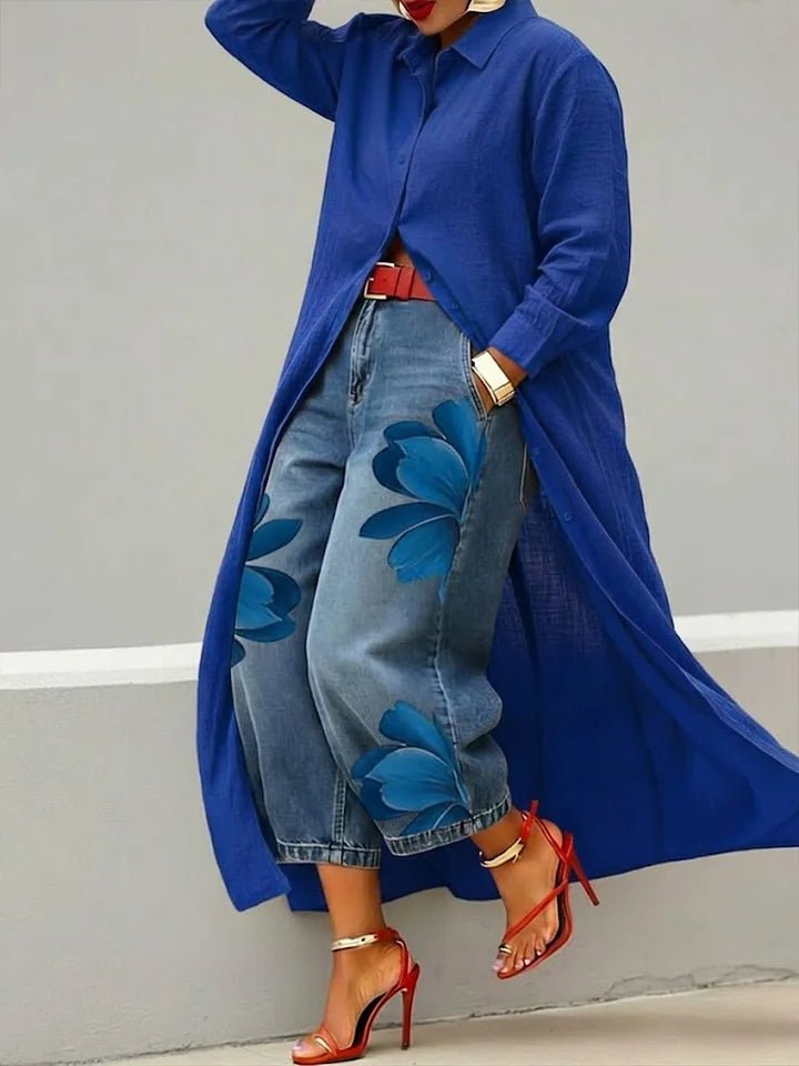 Maria | Conjunto Camisa Larga y Jeans Florales